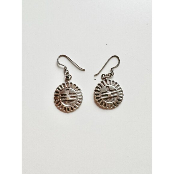 Vintage Navajo 925 Sterling Silver Sun Face Geometric Drop Earrings - Picture 1 of 10